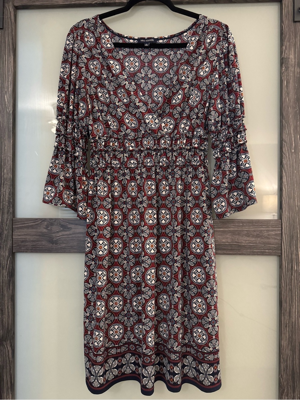 Max Edition Red Floral Geometric Long Sleeve Dress